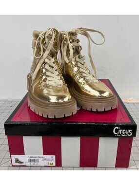 Circus By Sam Edelman Flora Gold Crackle Lug Sole Boots Women's Sz. 8 Combat New